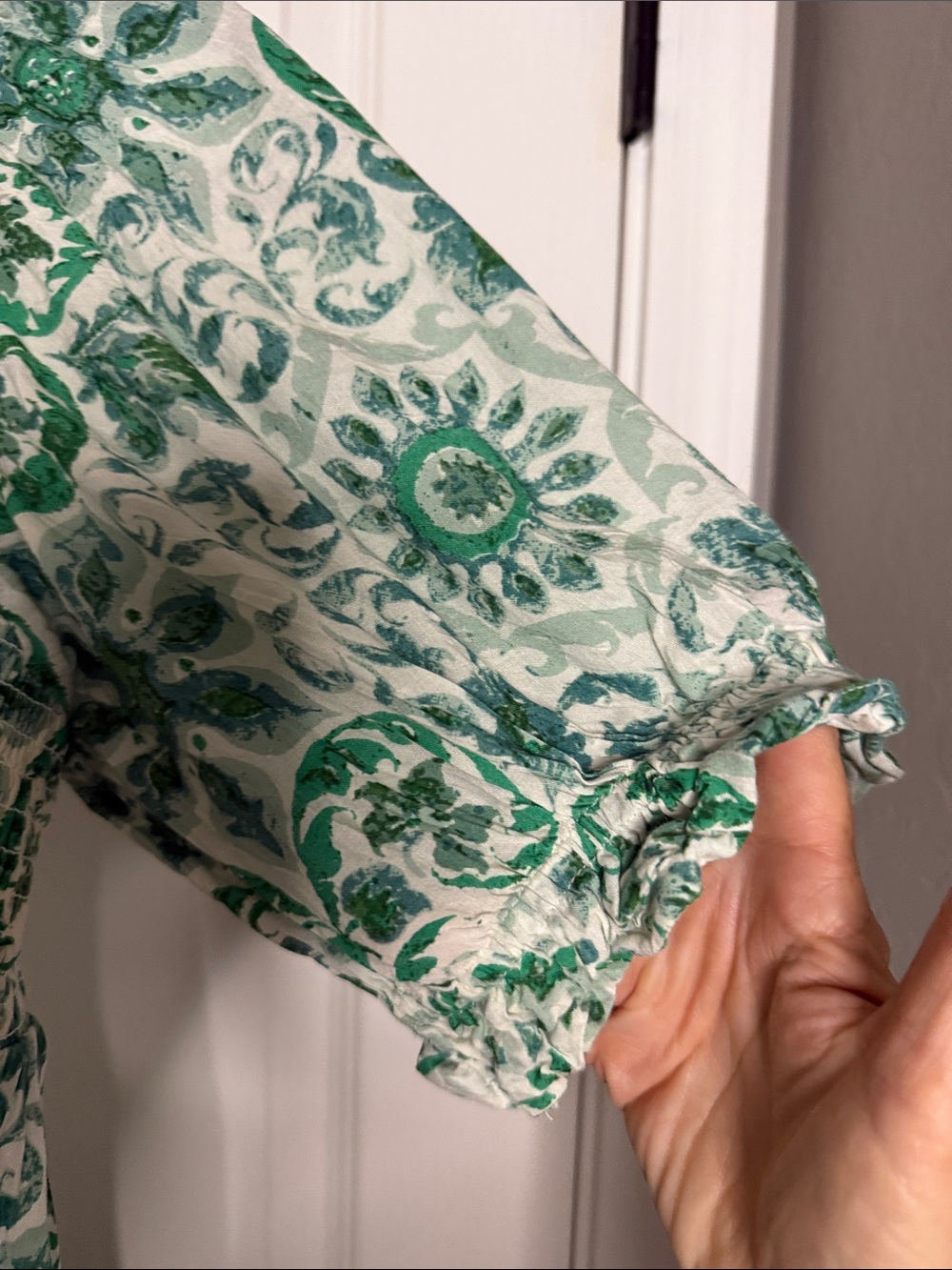 Anthropologie Green-White Smocked Square-Neck Midi Dress - Picture 8 of 9